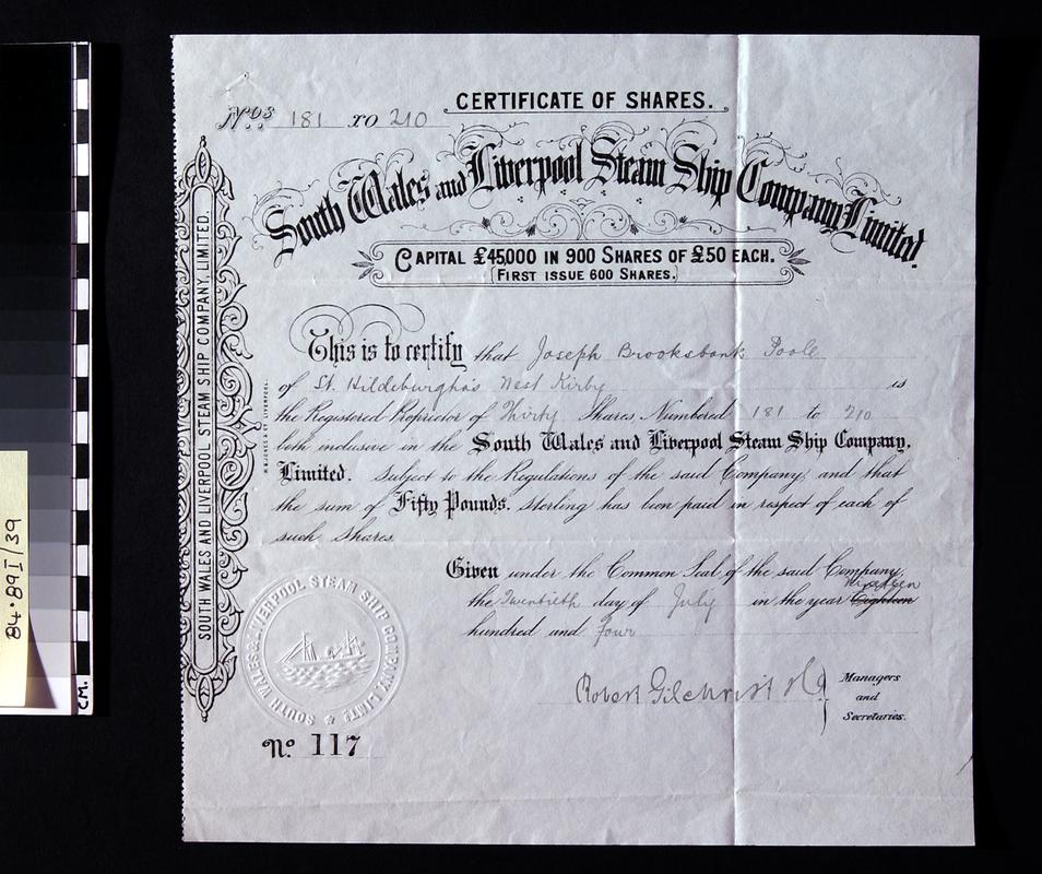 South Wales &amp; Liverpool Steam Ship Co Ltd share certificate