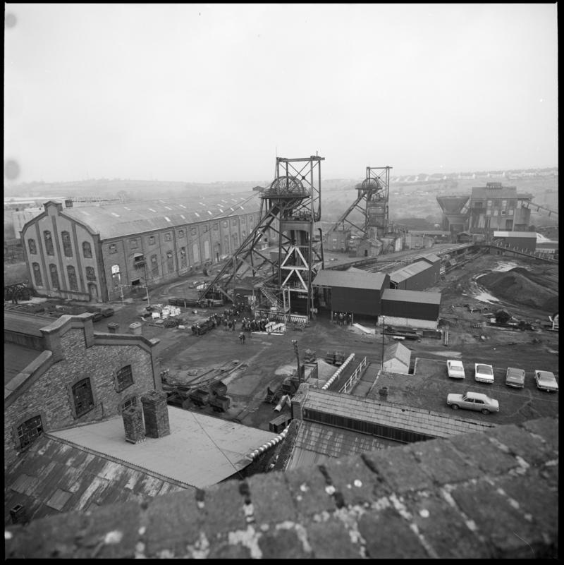 Black and white film negative showing a general view of Penallta Colliery from the baths.