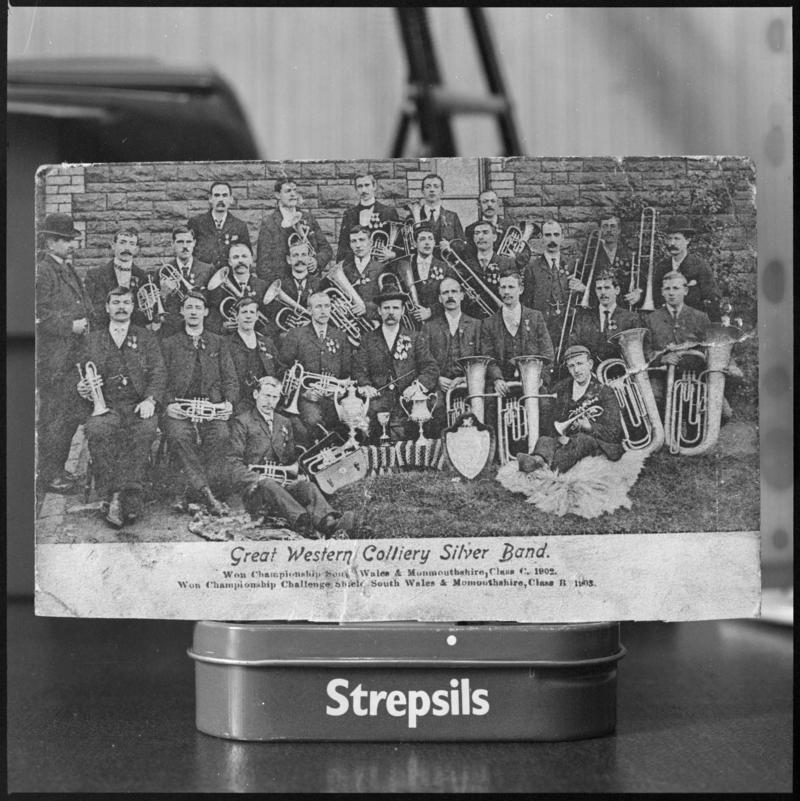 Black and white film negative of a photograph showing the &#039;Great Western Colliery Silver Band&#039;.