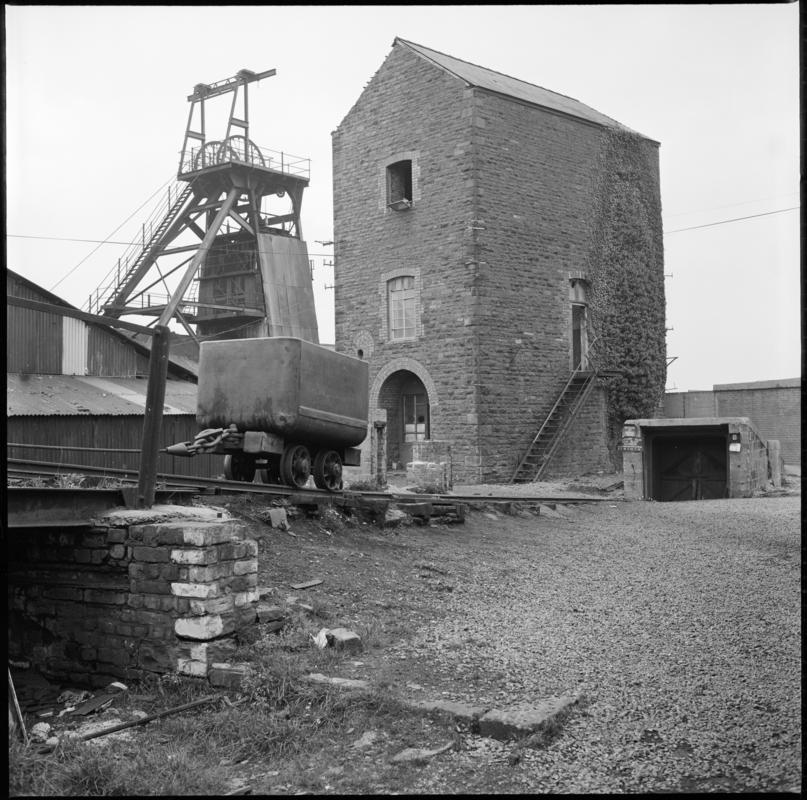 Black and white film negative showing a general surface view of Morlais Colliery, 12 November 1975.  &#039;Morlais 12 Nov 1975&#039; is transcribed from original negative bag.