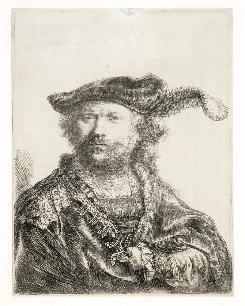 Rembrandt in velvet cap and plume, with an embroidered dress