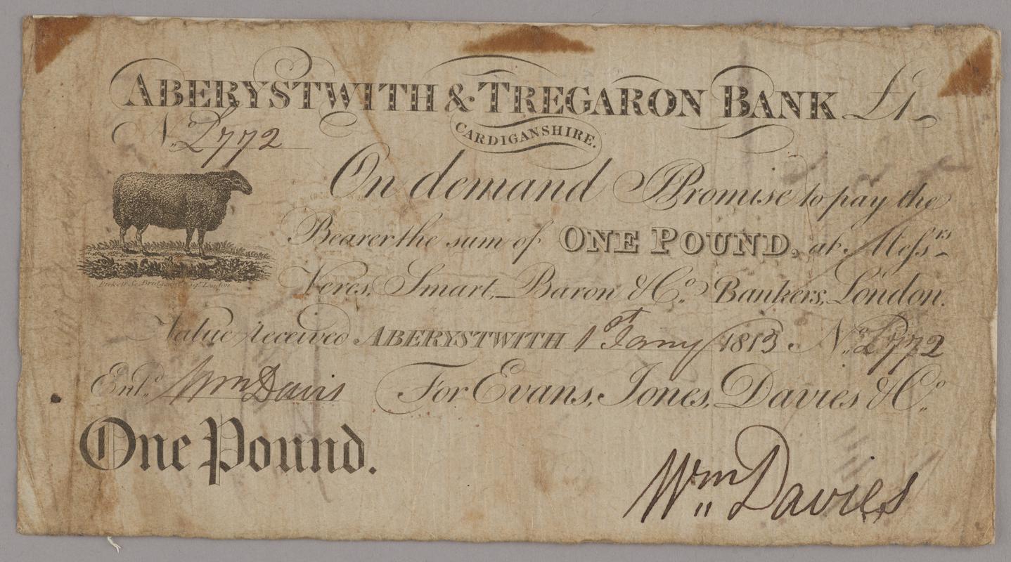 Aberystwith &amp; Tregaron Bank one pound bank note, 1813