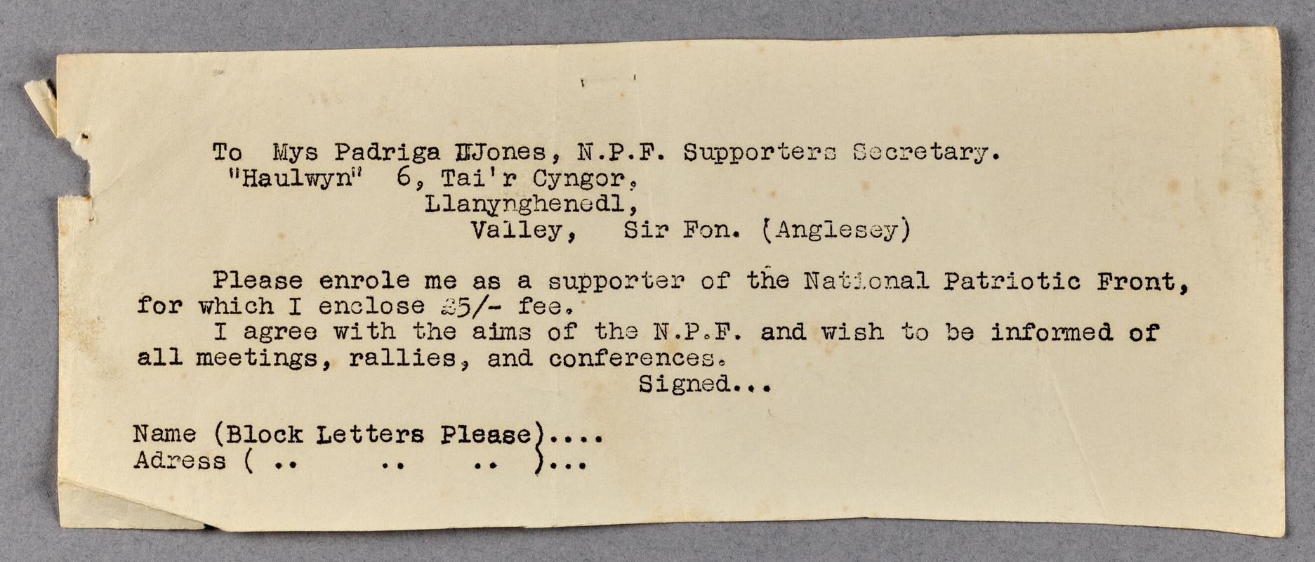 Paper slip to enrol as a supporter of the National Patritic Front (Wales)