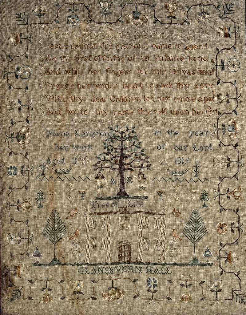 Sampler (pictorial, motifs &amp; verse), made in Berriew, 1819