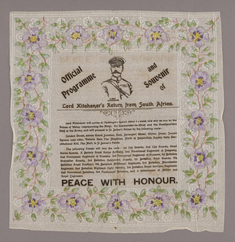 Programme printed on a paper napkin &#039;Official Programme and Souvenir of Lord Kitchener&#039;s Return from South Africa&#039;.