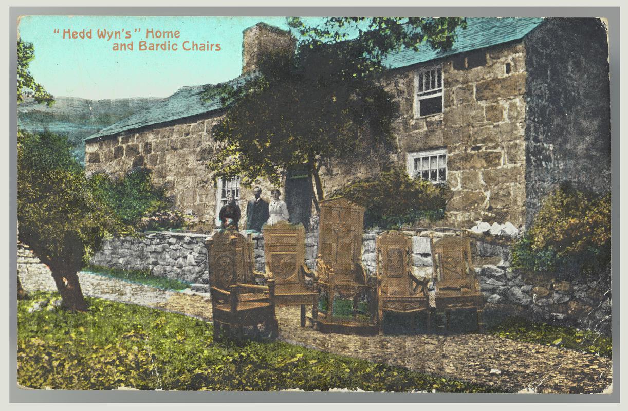 Postcard sent to Miss Annie Jones of Newquay in November 1923. Illustrated with a photograph of bardic chairs in front of Hedd Wyn&#039;s home, Yr Ysgwrn, Trawsfynydd.