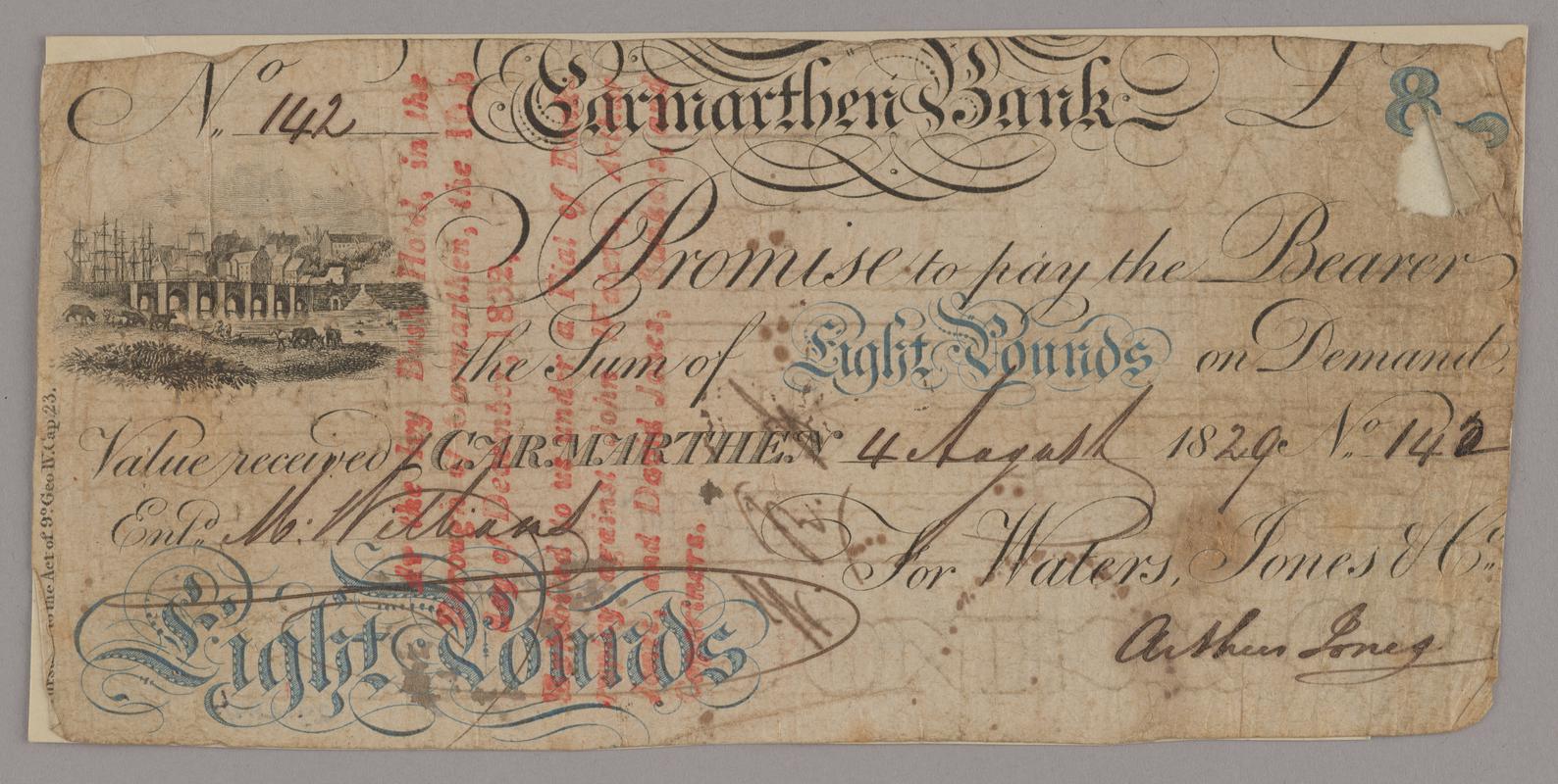 Carmarthen Bank eight pounds bank note, 1829