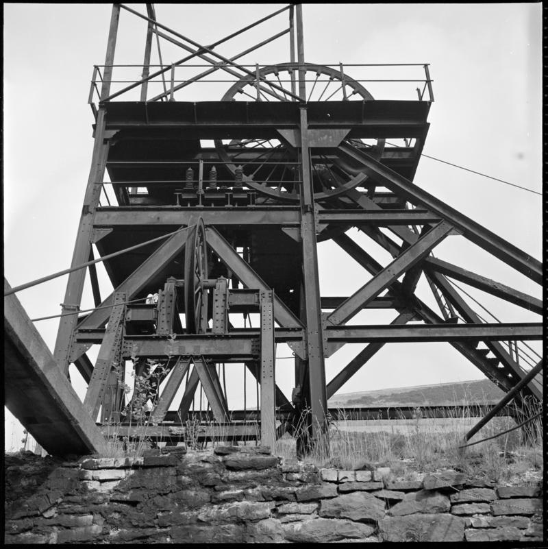 Black and white film negative showing the headgear, Llanhilleth Colliery.