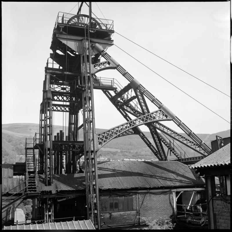 Black and white film negative showing a view of the headframe, Deep Duffryn Colliery 1977. &#039;Deep Duffryn 1977&#039; is transcribed from original negative bag.