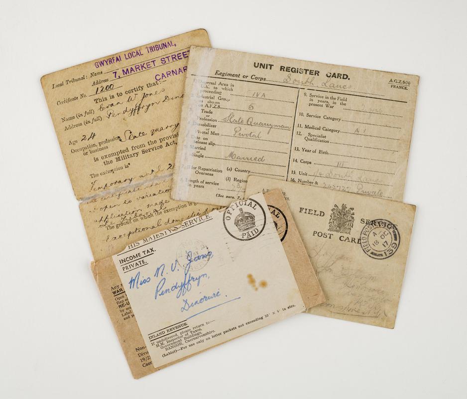 Envelope containing, Certificate of exemption from military service during World War One, Field Service Postcard and Unit Register Card, for Evan W. Jones.