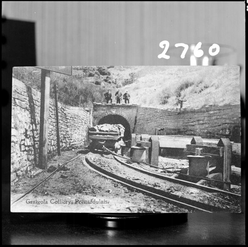 Black and white film negative of a photograph showing the entrance to the drift mine, Graig Merthyr Colliery.  &#039;Graig Merthyr&#039; is transcribed from original negative bag.