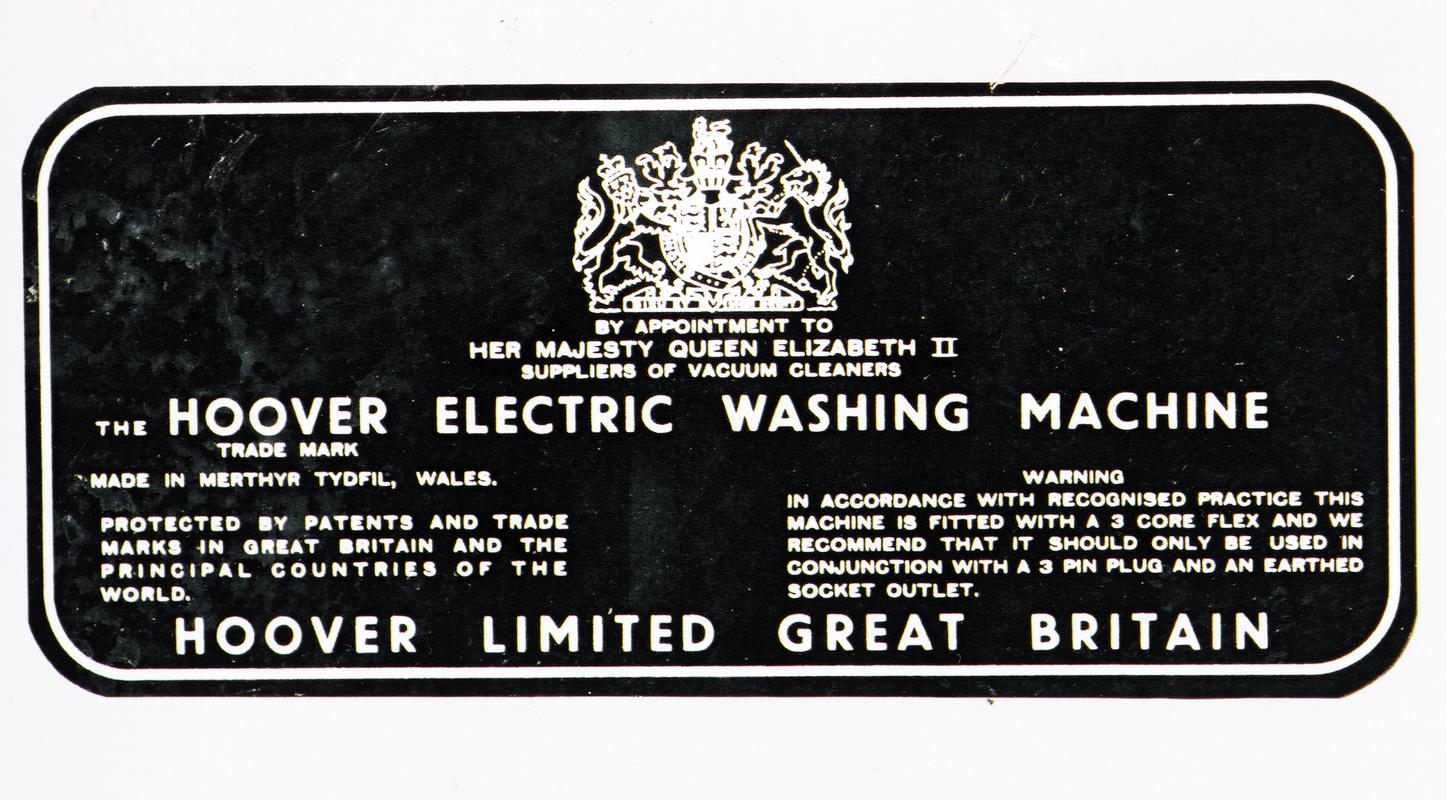 Manufacturer&#039;s label on the Hoover &#039;Keymatic&#039; electric washing machine