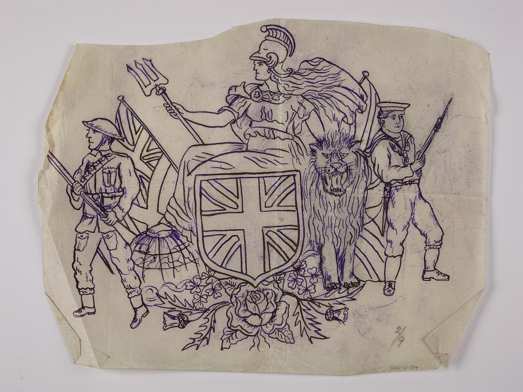 Tattoo transfer: Union Jack shield, Britannia with trident and soldier / sailor either side.