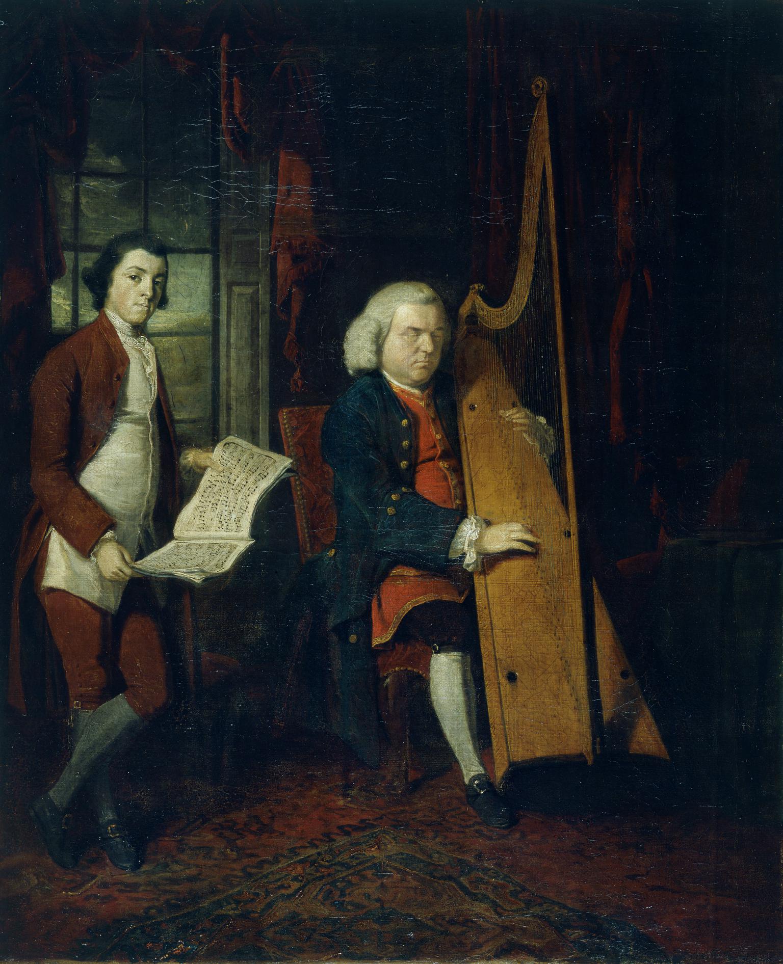John Parry the Blind Harpist with an assistant holding a book of music