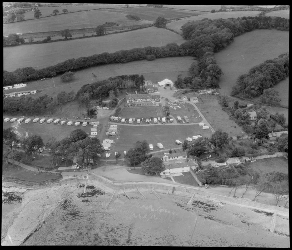 Aerial view of caravan site and sea wall, Sully.