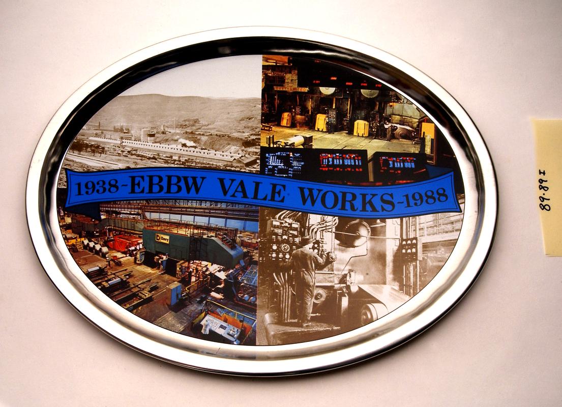 British Steel tinplate tray commemorating 50 years of tinplate production at Ebbw Vale 1938-1988.