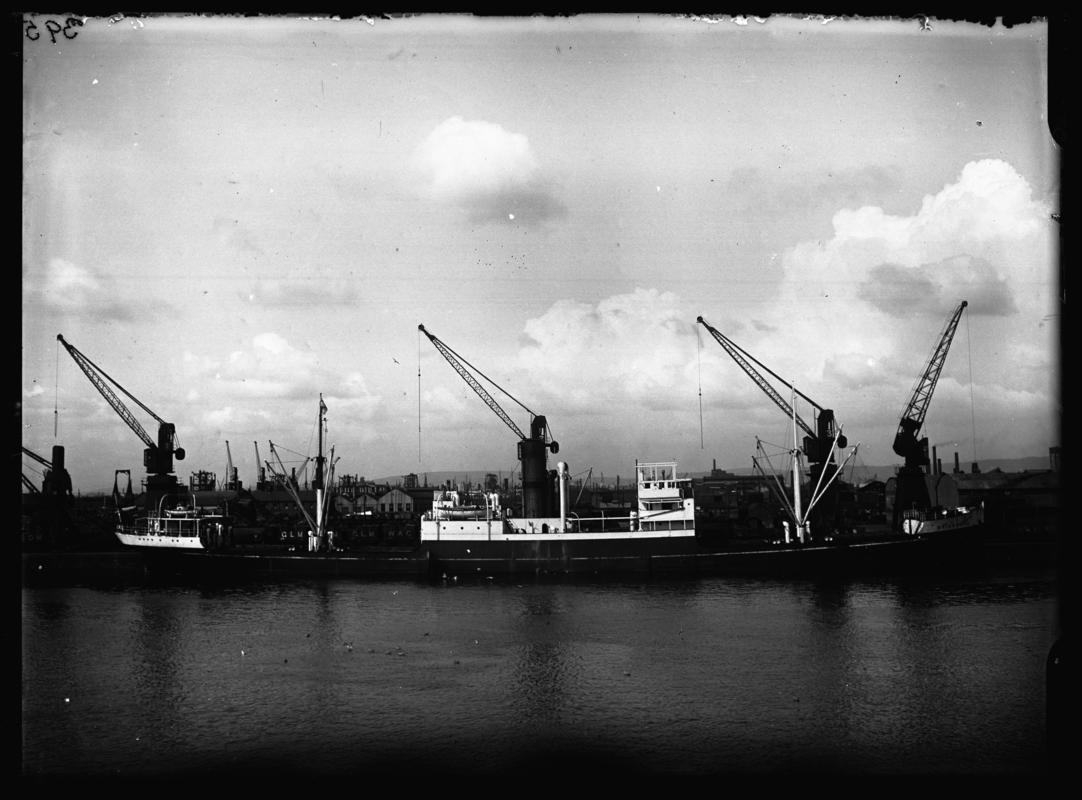 Starboard broadside view of S.S. BRIARWOOD at Cardiff Docks, c.1936.