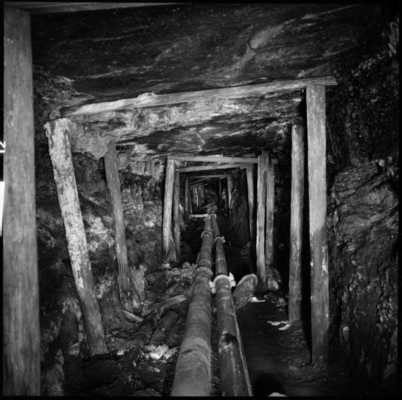 Black and white film negative showing an underground view of Graig Merthyr Colliery.