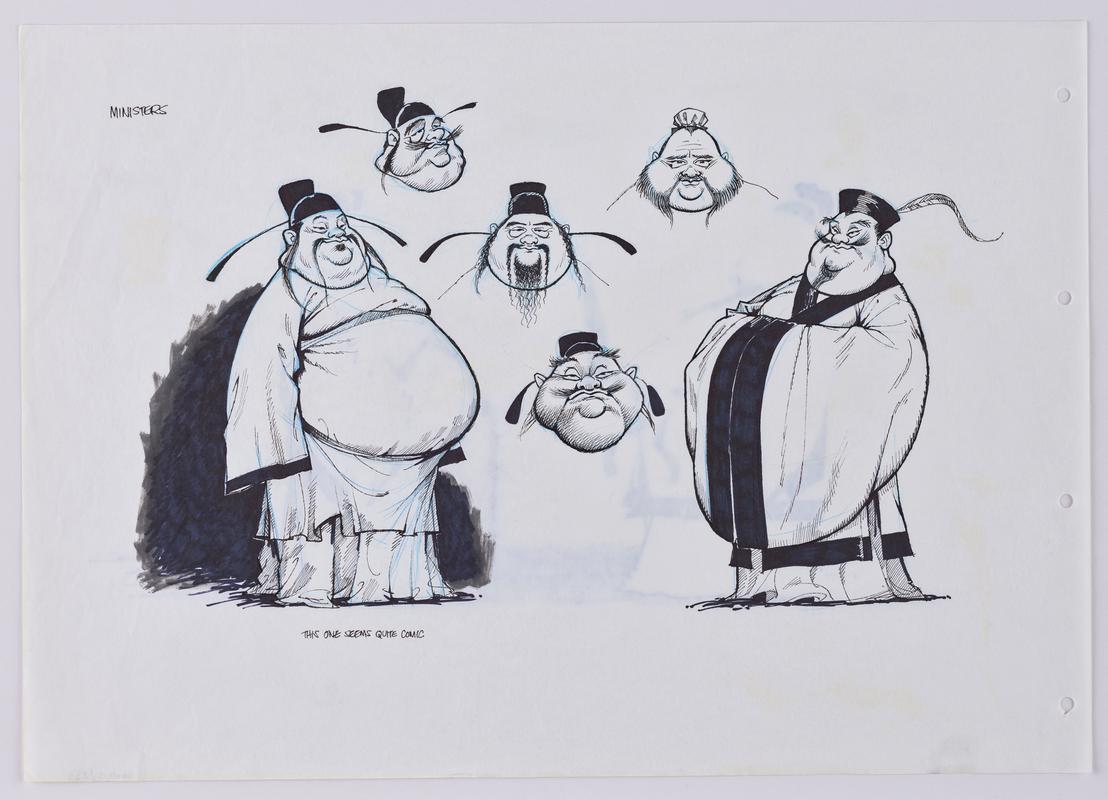 Turandot animation production sketch of six ministers.