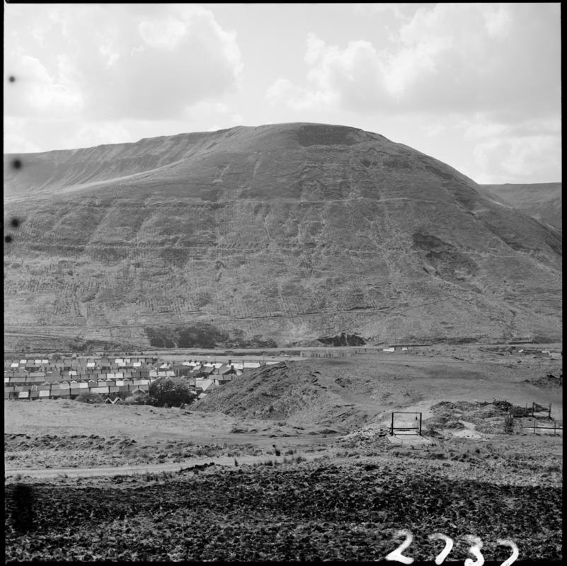 Black and white film negative showing a view of the Rhondda Valley.  &#039;Top of Rhondda Valley&#039; is transcribed from original negative bag.