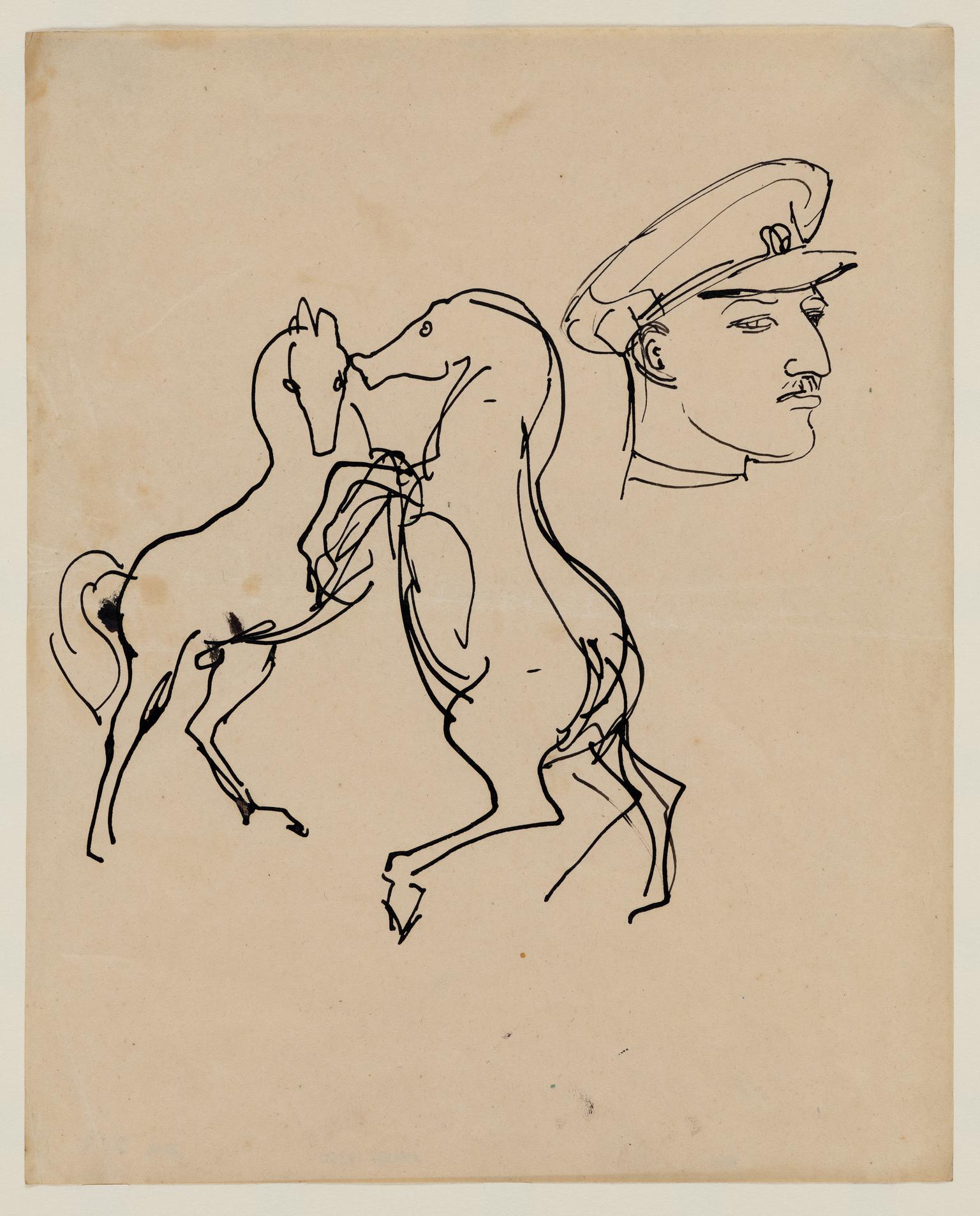 Sketches of Two Stallions and the Head of a Man