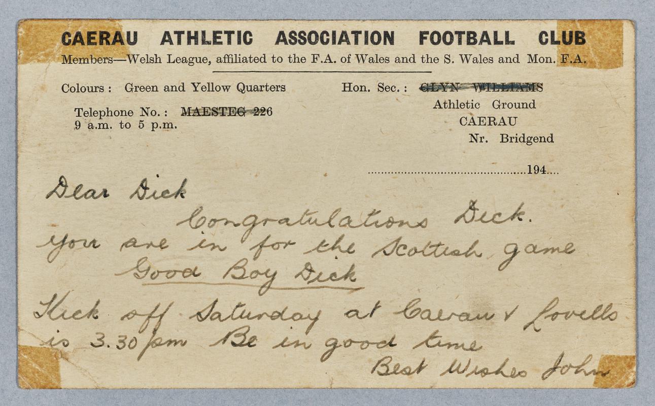 Postcard. To R. Porch Esq (Richard Thomas Porch) - Caerau Athletic Association Football club