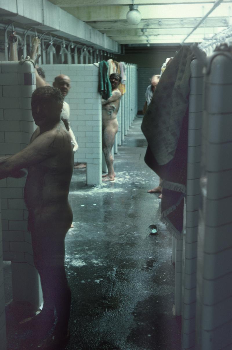 Men washing in pithead baths, Big Pit