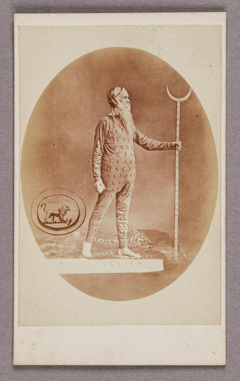 Photograph of Dr William Price on stage in Druidic costume, 1884.