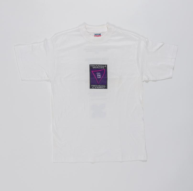 White t-shirt with &#039;Triangle Wales / Triongl Cymru&#039; logo on the front. On the back is printed information on the LGB Housing Helpline that was launched on the 22 June 2004.