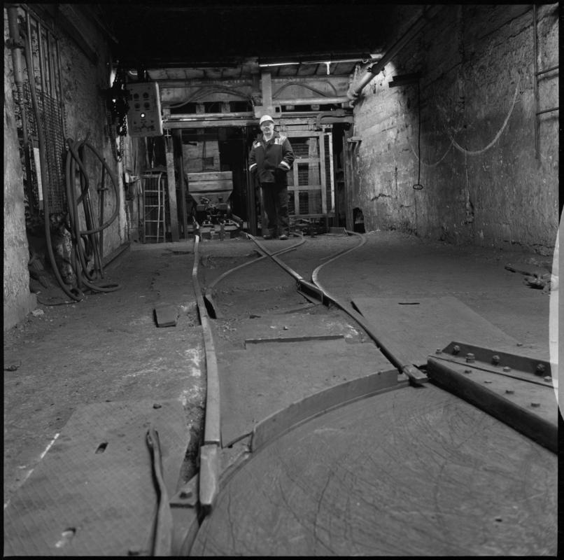 Black and white film negative showing pit bottom, Wyndham Colliery. &#039;Wyndham&#039; is transcribed from original negative bag.