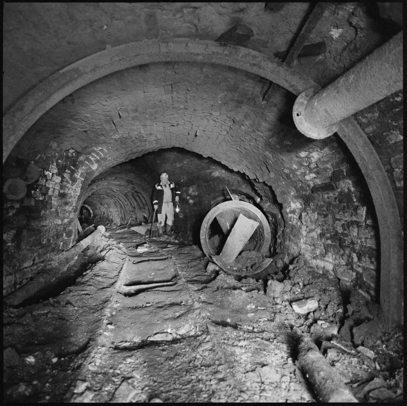 Black and white film negative showing an underground view, near Coity Shaft, Big Pit Colliery.