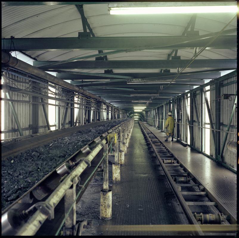 Colour film negative showing a high speed conveyor, underground at Blaenant Colliery.  &#039;Blaenant&#039; is transcribed from original negative bag.