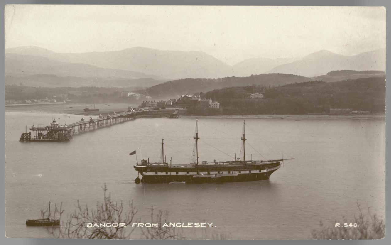 Bangor Pier and Menai straits, with HMS CLIO in foreground