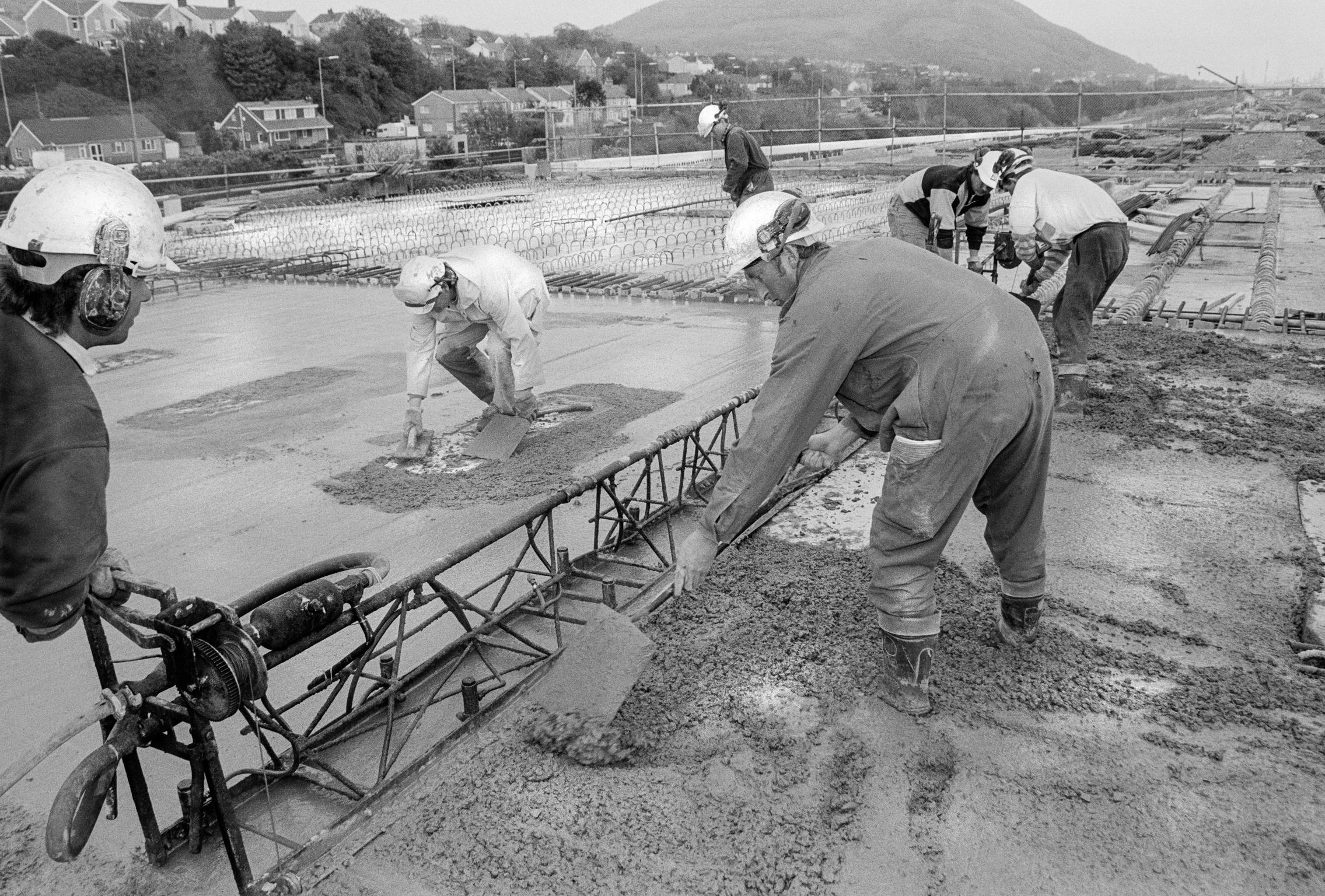 Making the bridge, pouring the concrete. Briton Ferry, Wales