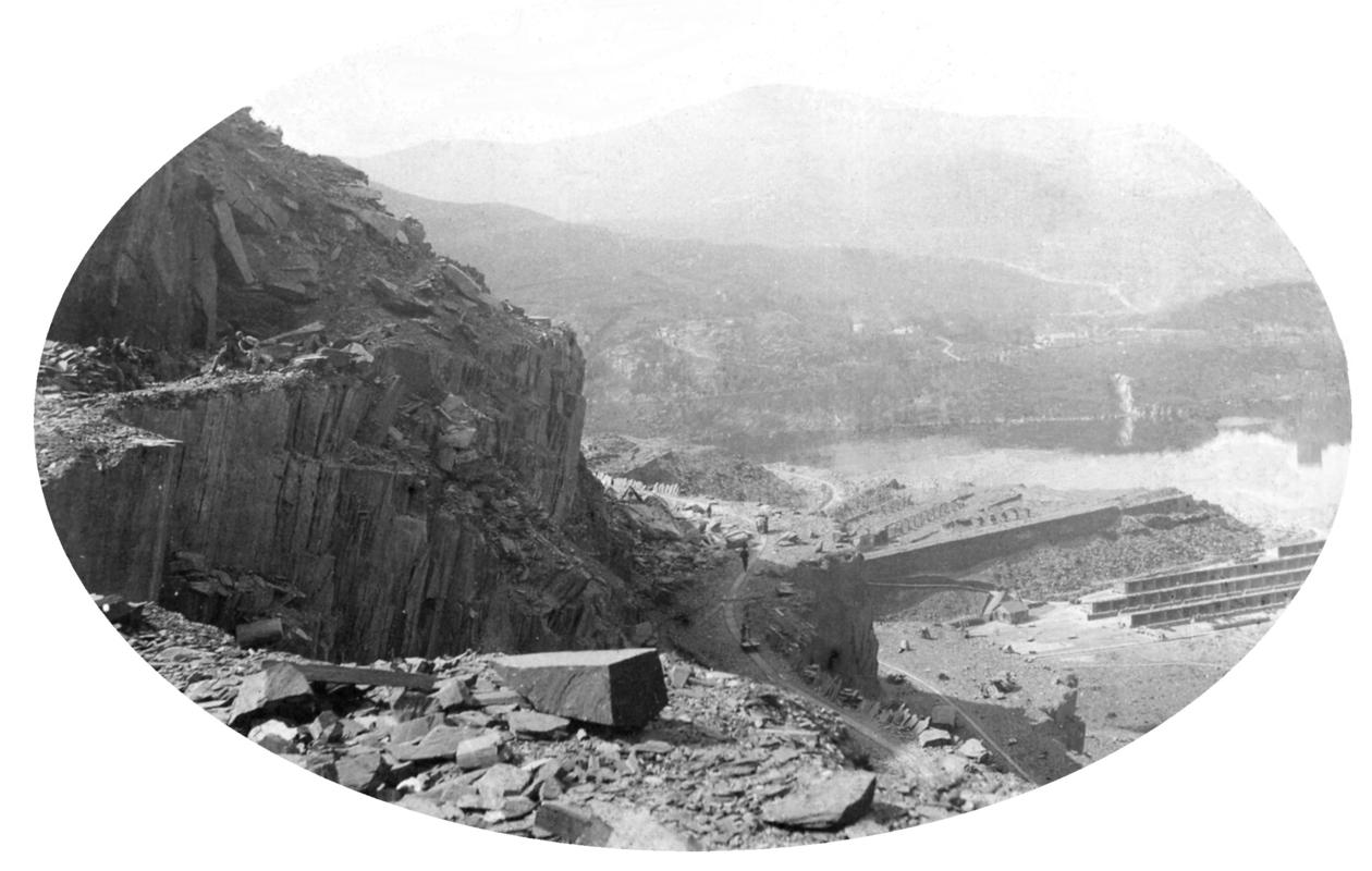 View of the &#039;ponciau&#039; (galleries) at Dinorwic Quarry, showing rows of gwaliau in the distance