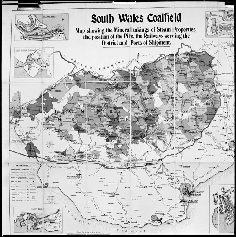 Black and white film negative of a &#039;South Wales Coalfield Map showing the mineral takings of Steam Properties, the position of the Pits, the Railways serving the District and Ports of Shipment&#039;.