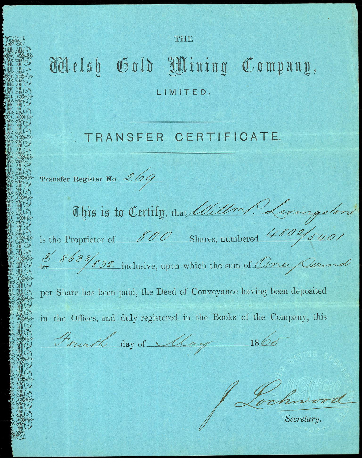Welsh Gold Mining Company Limited, transfer certificate