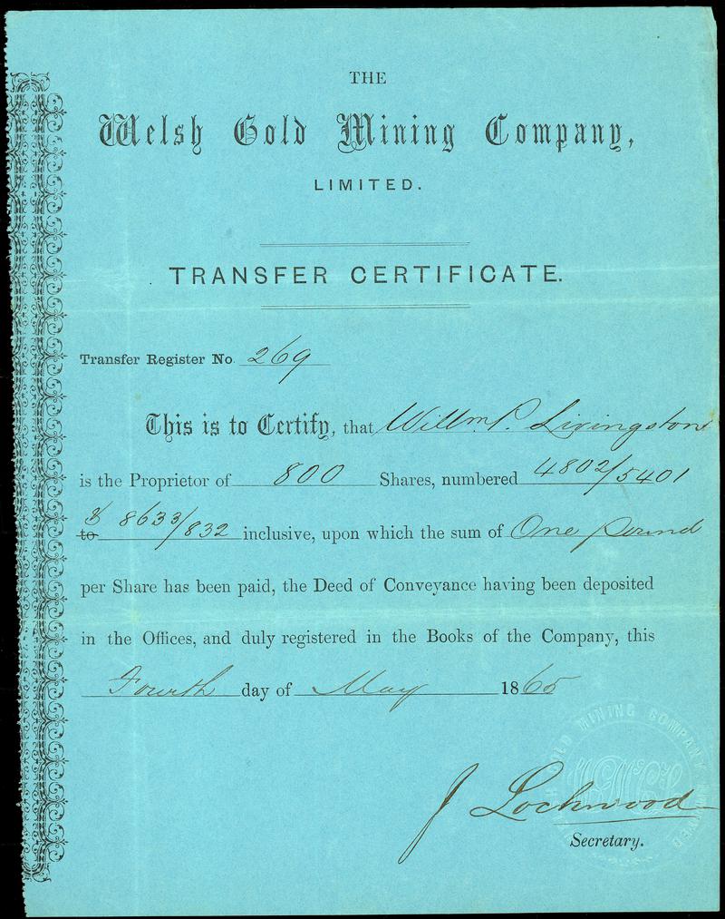 Welsh Gold Mining Company Limited, trans certificate