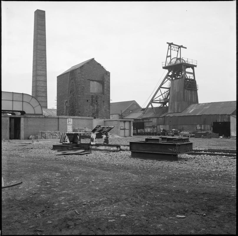 Black and white film negative showing a general surface view of Morlais Colliery, 12 November 1975.  &#039;Morlais 12 Nov 1975&#039; is transcribed from original negative bag.
