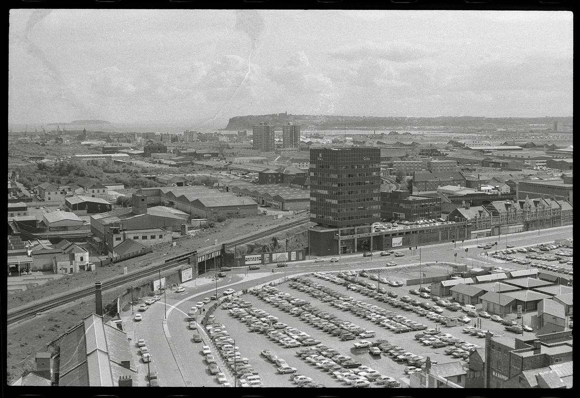 View from top of building on Churchill Way, with Snelling House in foreground and Butetown Flats in the background.