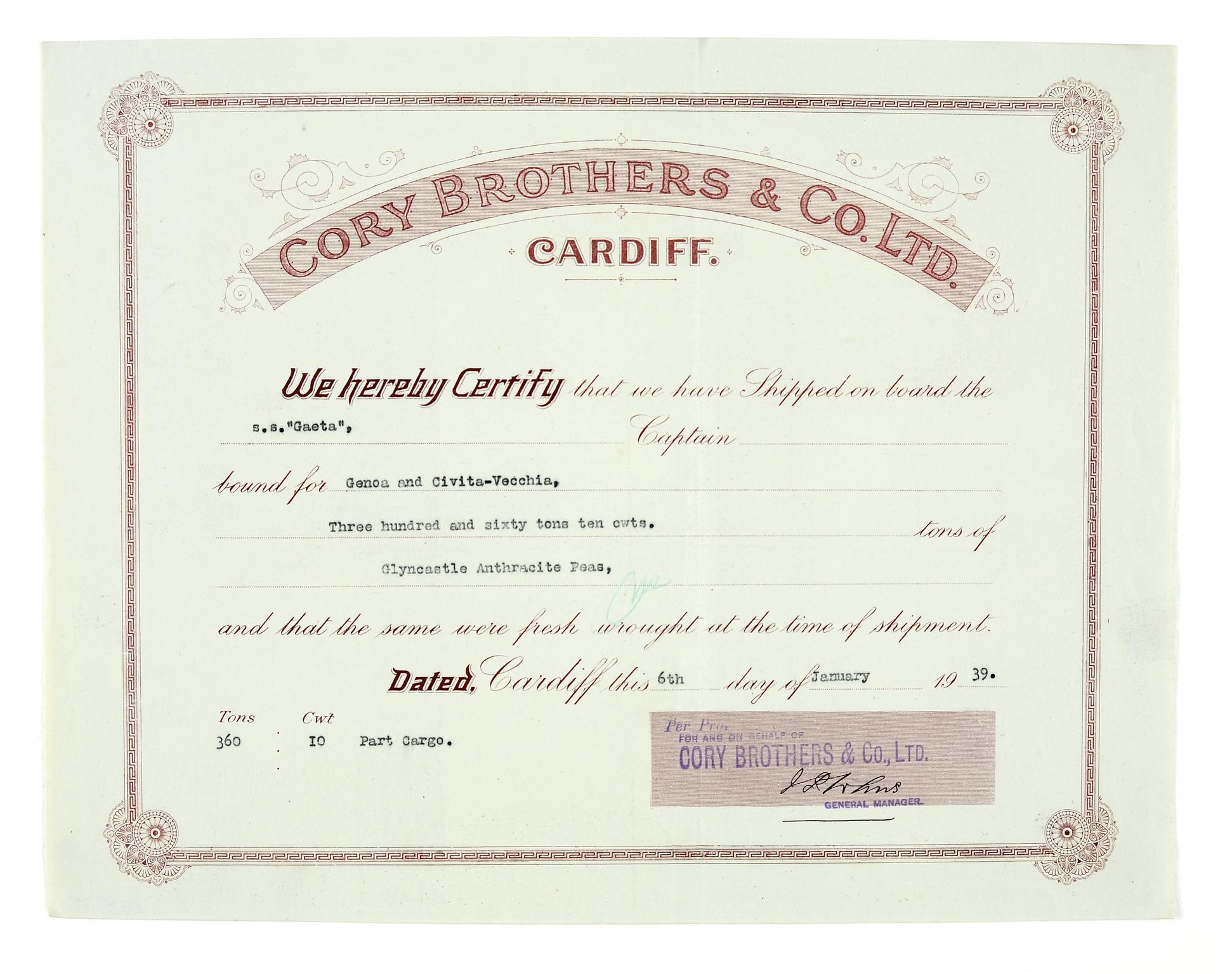 Cory Brothers & Co. Ltd., lading cert