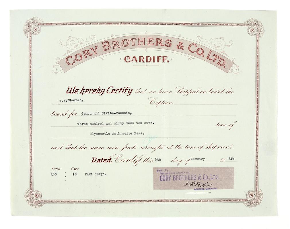 Cory Brothers &amp; Co. Ltd., Cardiff, certificate of lading for Glyncastle Anthracite peas shipped on the S.S. GAETA bound for Genoa and Civita-Vecchia. Dated 6 January, 1939.