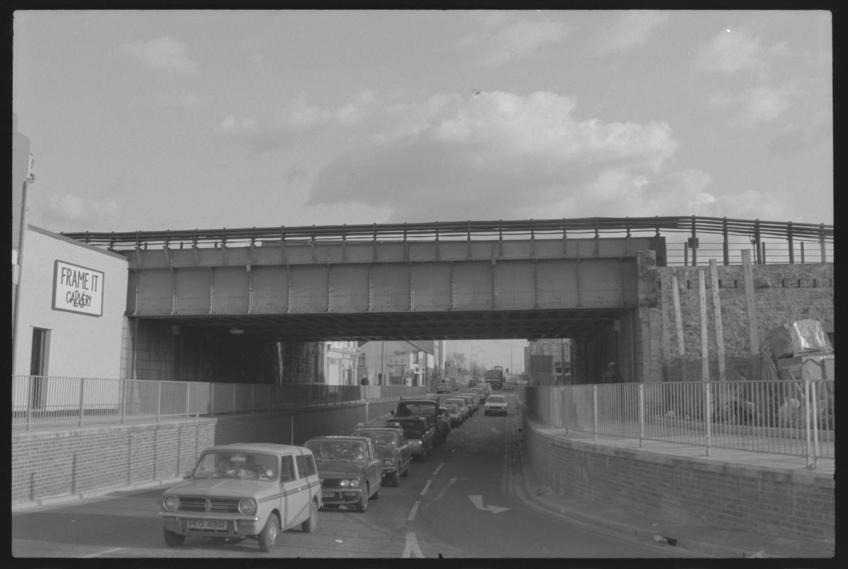 Main line railway bridge crossing top of Bute Street.