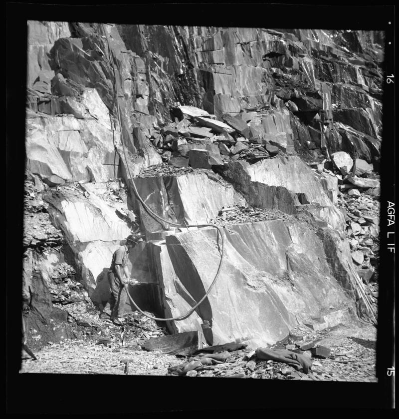 Quarryman operating a rock drill, Dinorwig Quarry, early 1960s.
