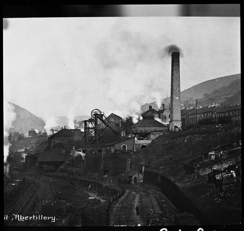 Black and white film negative showing a surface view of Gray Colliery, Abertillery c.1900.