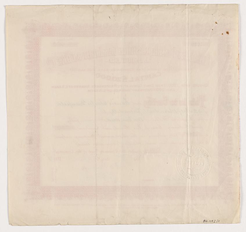 East Pembrokeshire Gas Light & Coke Co. Ltd, share certificate