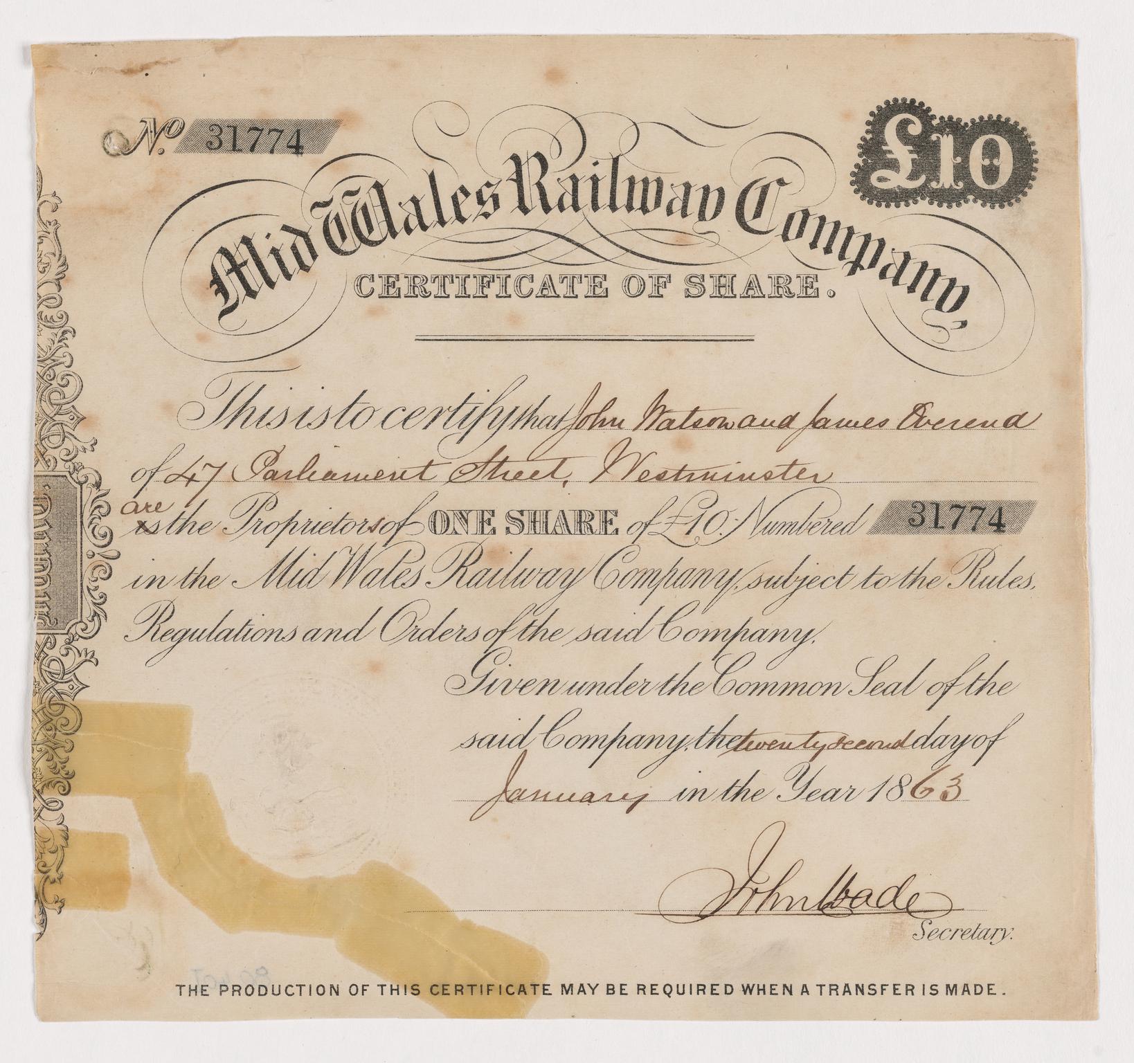 Mid Wales Railway Co., share certificate