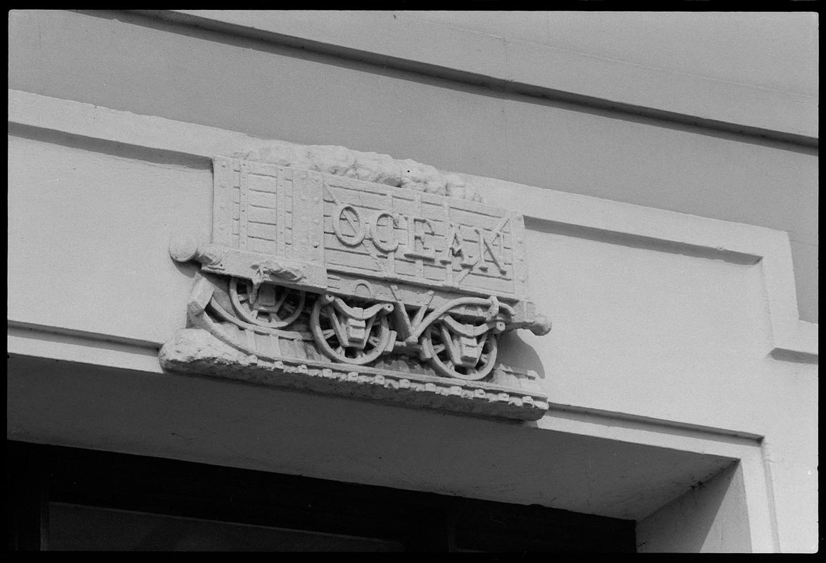 Coal wagon frieze, bearing the name &quot;Ocean&quot; (depicted in stone), on Ocean Buildings, Butetown.