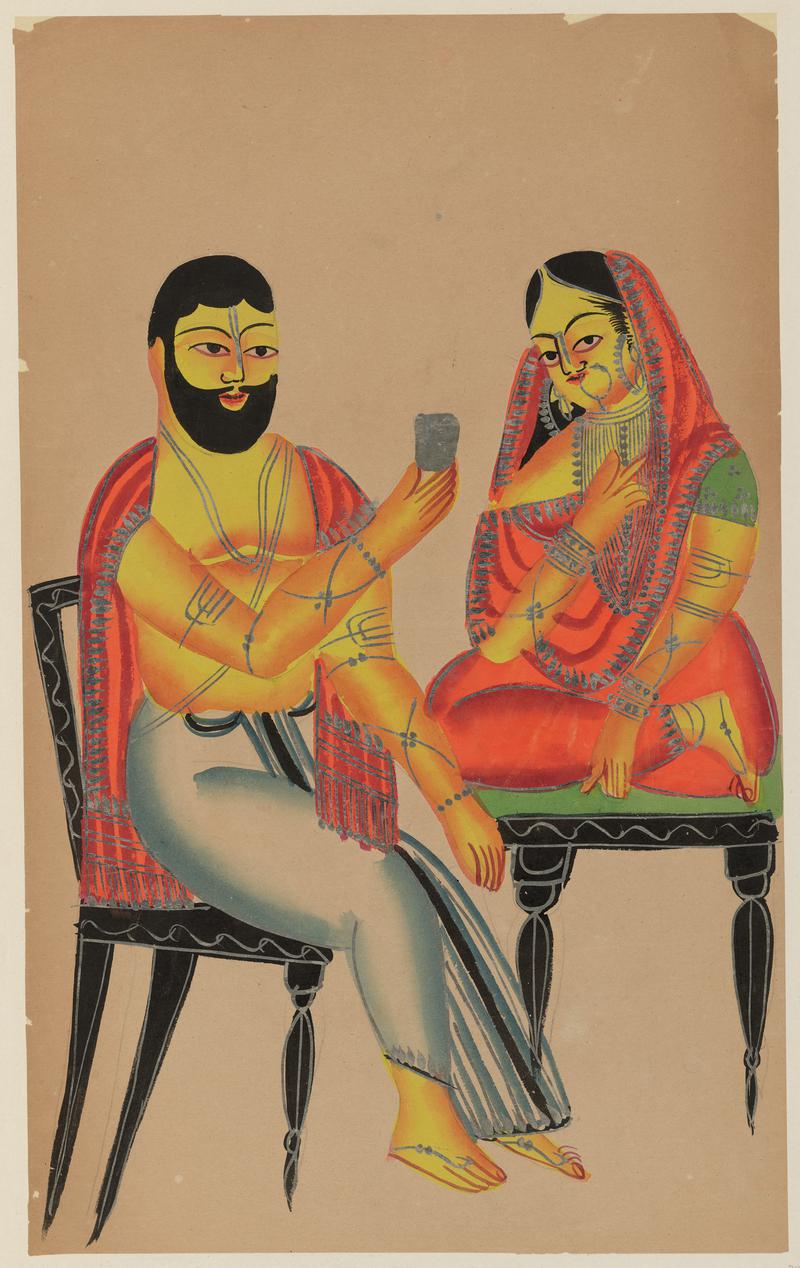 Unfaithful wife seated with her Brahmin lover