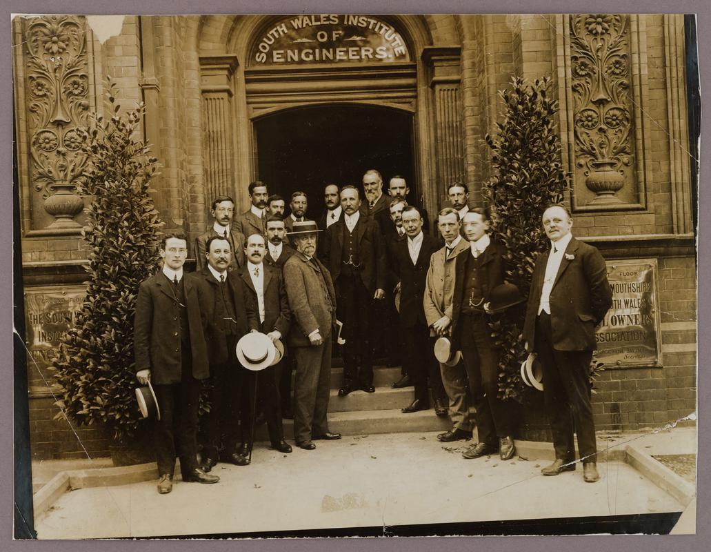 Glamorgan Mining School students? with the Earl of Plymouth? and Mr Henry Davies? outside the South Wales Institute of Engineers building, Park Place, Cardiff.  1905